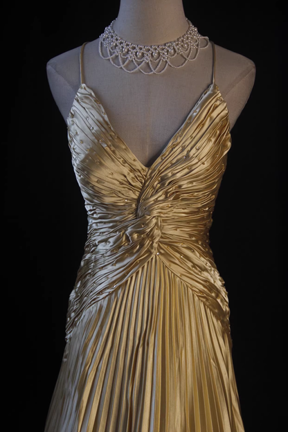 Glamorous Gold Satin Spaghetti Strap Pleated Evening Gown with Train TP5677