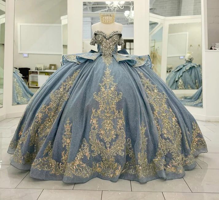 Glamorous Light Blue Blue Glitter Tulle Gold Embroidery Off-the-Shoulder Beaded Sweet 15 Quinceanera Ball Gown TP5436