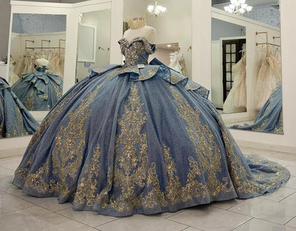 Glamorous Light Blue Blue Glitter Tulle Gold Embroidery Off-the-Shoulder Beaded Sweet 15 Quinceanera Ball Gown TP5436