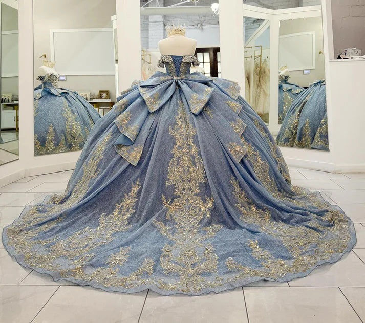 Glamorous Light Blue Blue Glitter Tulle Gold Embroidery Off-the-Shoulder Beaded Sweet 15 Quinceanera Ball Gown TP5436