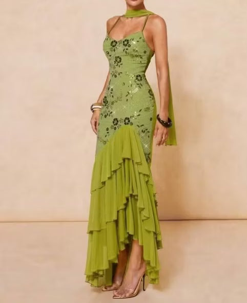 Vintage Olive Green Floral Sequin Spaghetti Strap Mermaid Tiered Matching Scarf Evening Gown TP5900