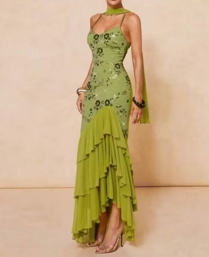 Vintage Olive Green Floral Sequin Spaghetti Strap Mermaid Tiered Matching Scarf Evening Gown TP5900