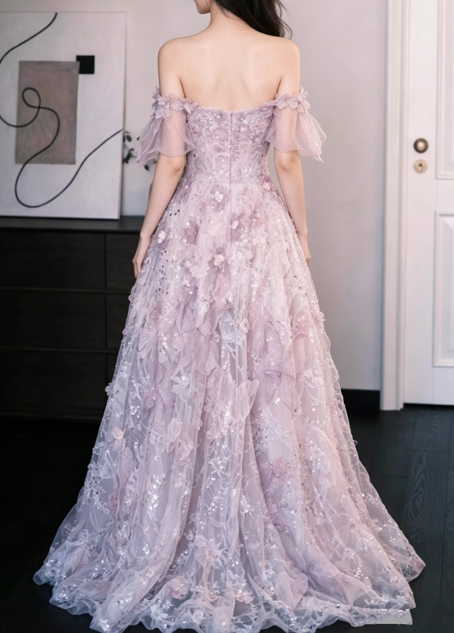 Elegant Lilac Off‑the‑Shoulder 3D Floral Sequin A‑Line Evening Dress TP6085