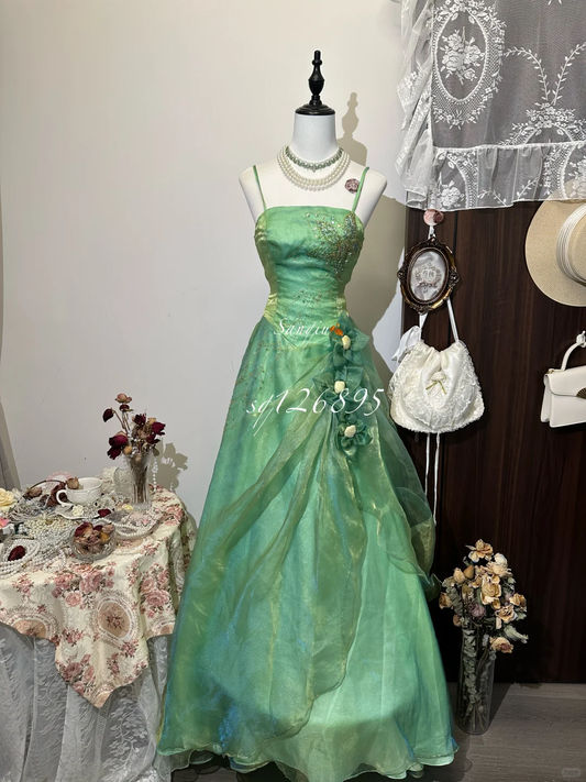 Vintage Green A-Line Beaded Spaghetti Strap Evening Dress A-Line 3D Flowers Long Prom Dress TP4991