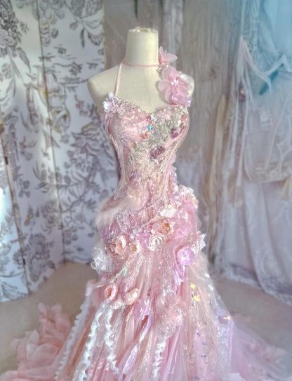 Vintage Pink Mermaid 3D Floral Tulle Fairy Dress Evening Gown TP5423