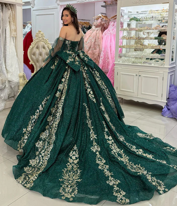 Chic Emerald Green Sweetheart Gold Floral Embroidery Sheer Tulle Sleeves Quinceanera Ball Gown TP5248