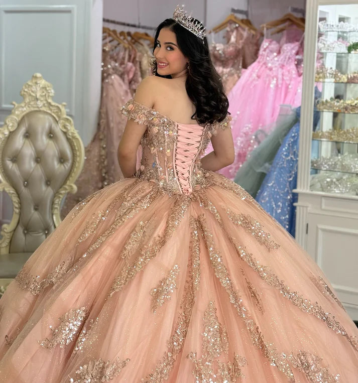 Elegant Champagne Beaded Sequined Shimmering Tulle Off-Shoulder Quinceanera Ball Gown TP5235