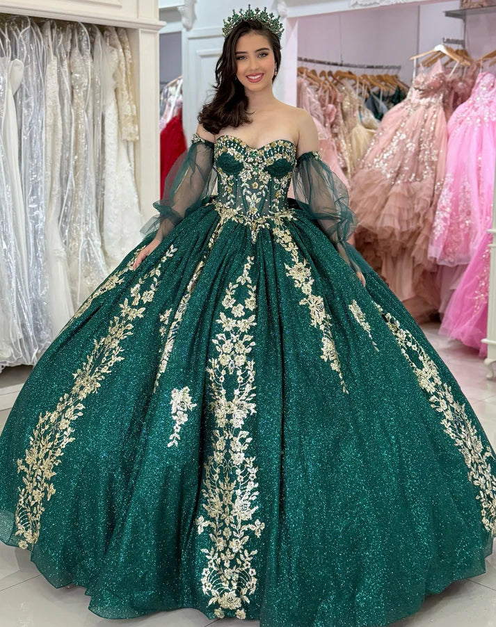 Chic Emerald Green Sweetheart Gold Floral Embroidery Sheer Tulle Sleeves Quinceanera Ball Gown TP5248