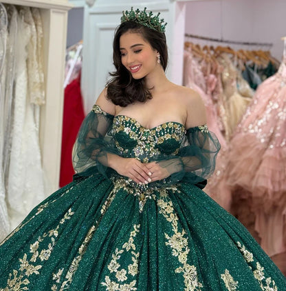 Chic Emerald Green Sweetheart Gold Floral Embroidery Sheer Tulle Sleeves Quinceanera Ball Gown TP5248