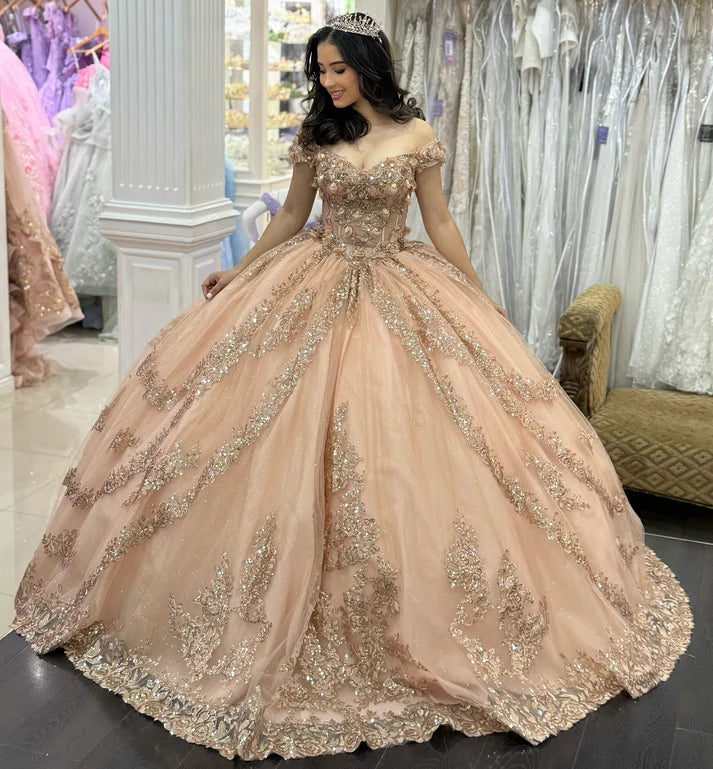 Elegant Champagne Beaded Sequined Shimmering Tulle Off-Shoulder Quinceanera Ball Gown TP5235