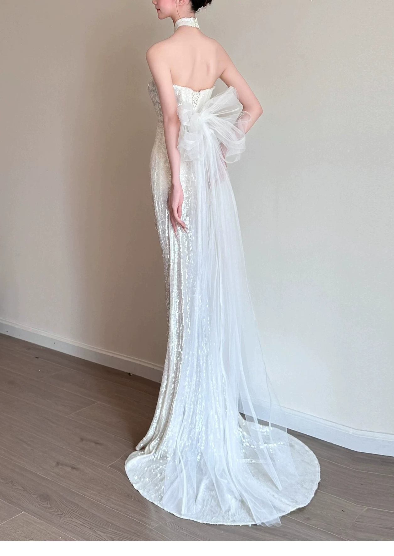 Glamorous White Sequined Halter-Neck Mermaid Prom Dress TP5874