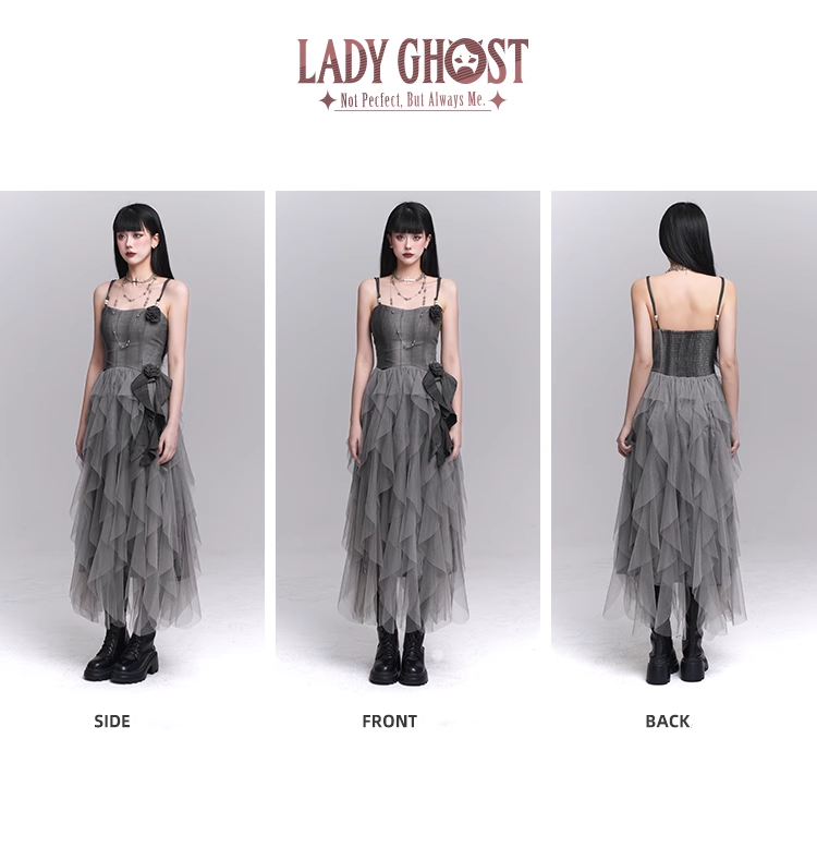 Simple Fashion Gray Rose Flower Design Women Spaghetti Strap Dress TP2943