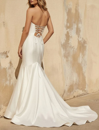 Elegant Strapless Corset Satin Mermaid Long Train Wedding Dress TP5930