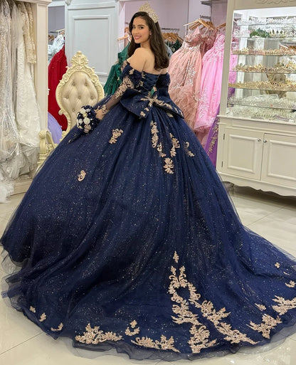 Elegant Navy Blue Sweetheart Gold Floral Embroidery Sheer Tulle Sleeves Quinceanera Ball Gown TP5249