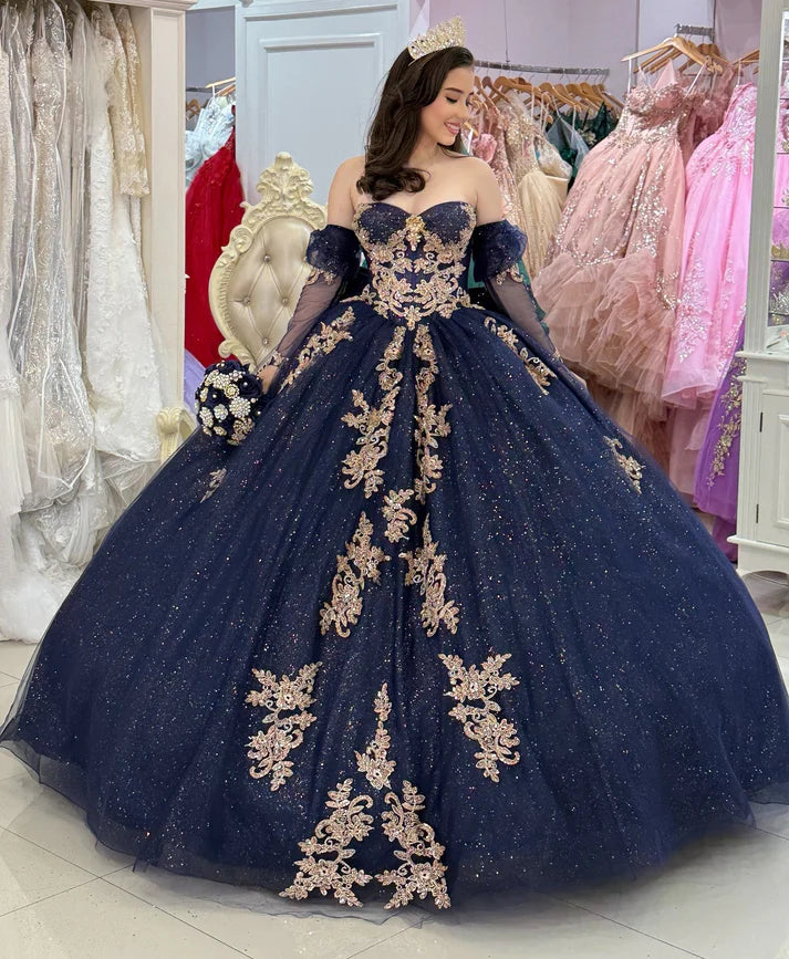 Elegant Navy Blue Sweetheart Gold Floral Embroidery Sheer Tulle Sleeves Quinceanera Ball Gown TP5249