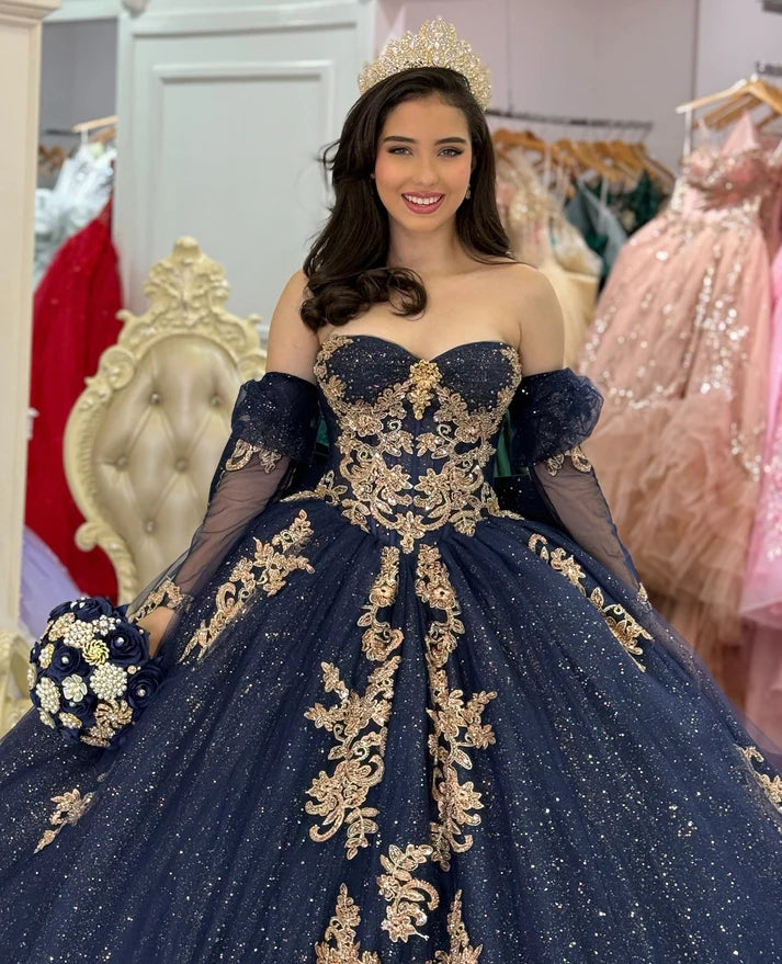 Elegant Navy Blue Sweetheart Gold Floral Embroidery Sheer Tulle Sleeves Quinceanera Ball Gown TP5249