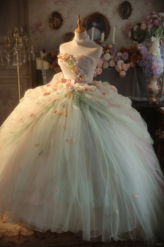 Vintage StraplessTulle Formal 3D Flower Sweet 15 Quinceanera Ball Gown TP5526