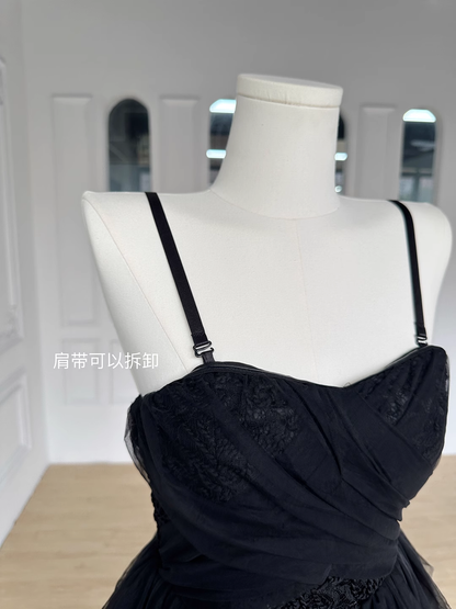 New Fashion Black Design A-line Sleeveless Spaghetti Strap Puffy Dress TP3292
