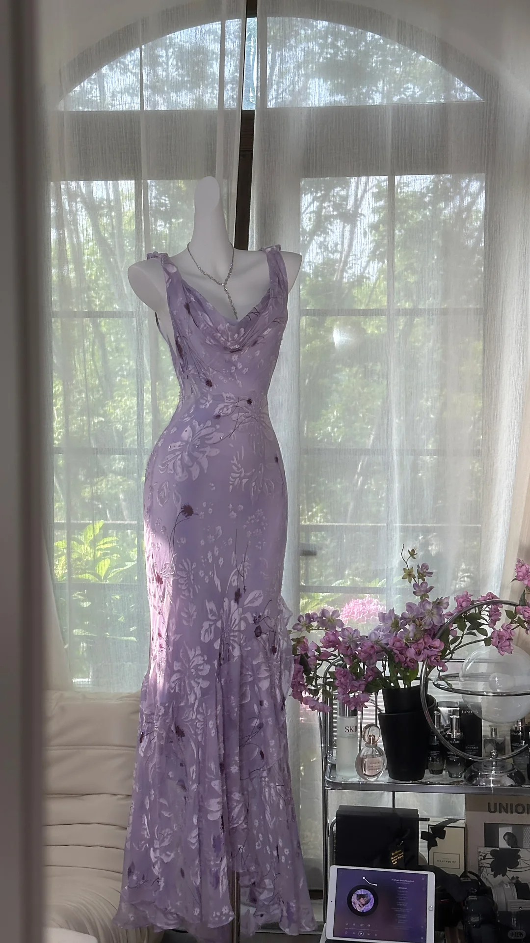 Vintage Light Purple Floral Applique Mermaid Cowl Neck Design Satin Prom Dress Evening Dress TP4247
