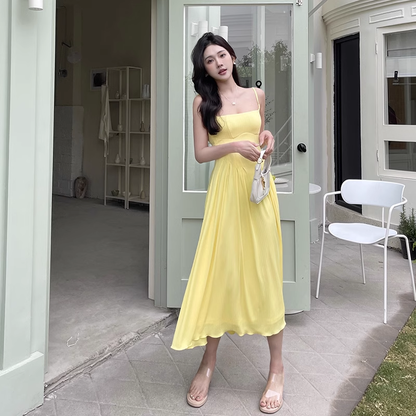 Women New Simple Fashion Yellow High-waist Spaghetti Strap Dress TP2889