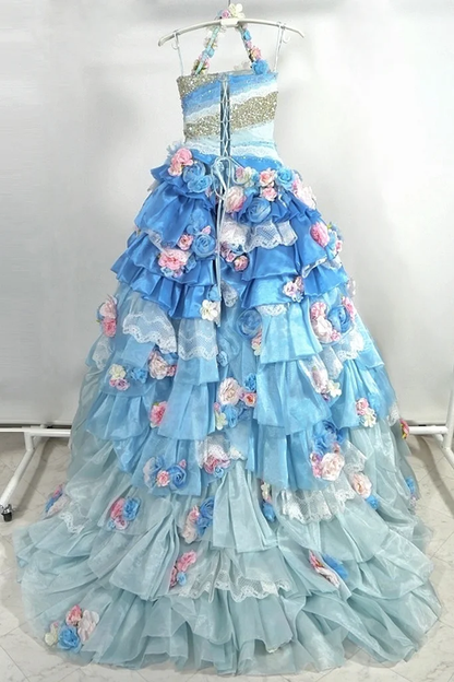 Glamorous Ombre Blue Floral Halter Neck Ruffled Tulle 3D Roses Sweet 15 Quinceanera Ball Gown TP5489
