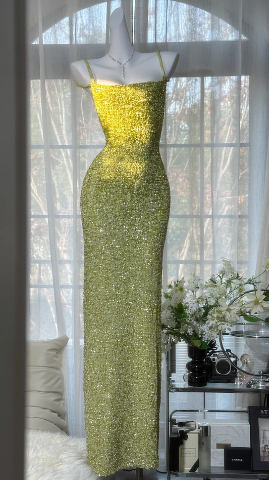 Vintage Lime Green Sequin Square Neck Maxi Prom Dress Spaghetti Strap Glitter Evening Gown for Wedding Guest TP5737