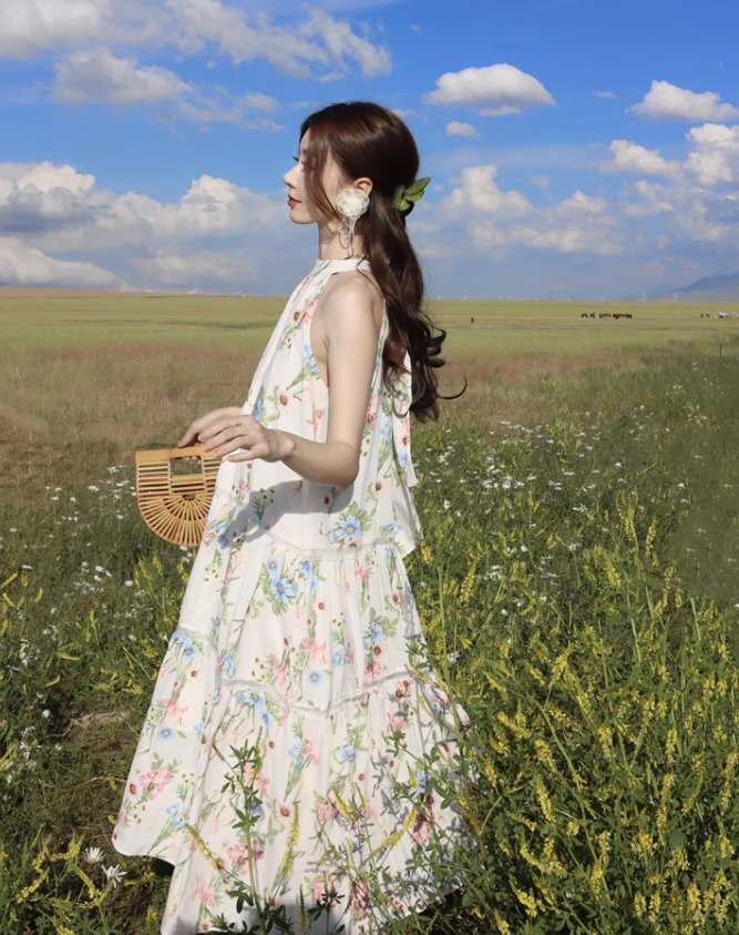 Simple Fashion Flora Design Beach Holiday A-line Halter Dress TP3366