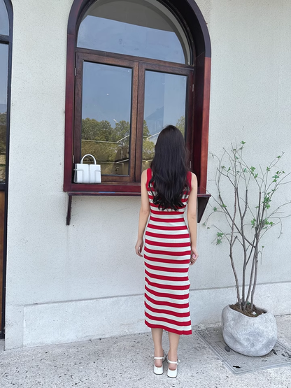New Fashion Red Streak Casual Sleeveless Spaghetti Strap Dress TP2977