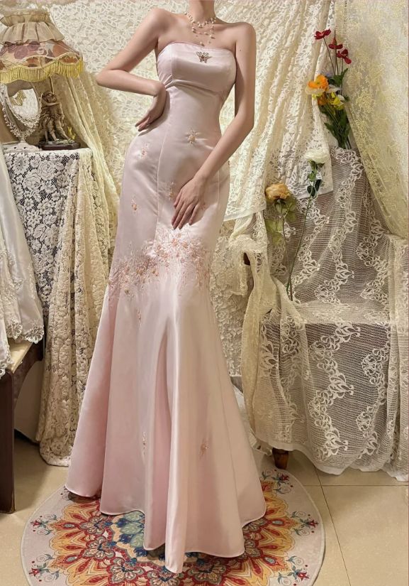 Vintage Pink Satin Embroidery Strapless Mermaid Long Prom Dress Evening Dress TP4570