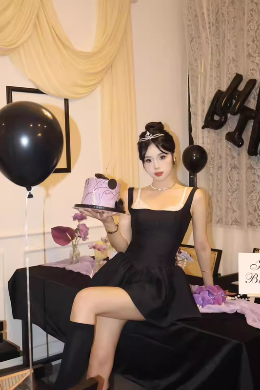 New Fashion Fake Two-piece Dress Design Black A-line Sleeveless Spaghetti Strap Dress TP3281