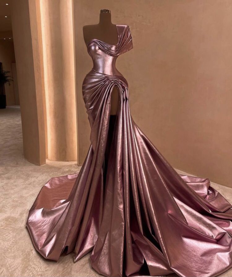 Vintage Pink Satin A-Line Evening Gown One-shoulder Slit Party Dress Floor Length Formal Dress TP4910