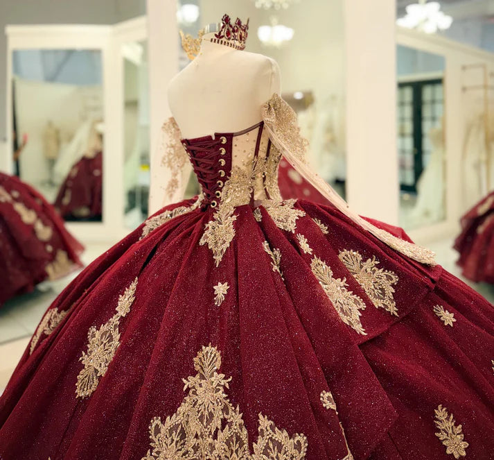 Elegant Burgundy Sweetheart Gold Ornate Embroidery Off-Shoulder Quinceanera Ball Gown TP5250