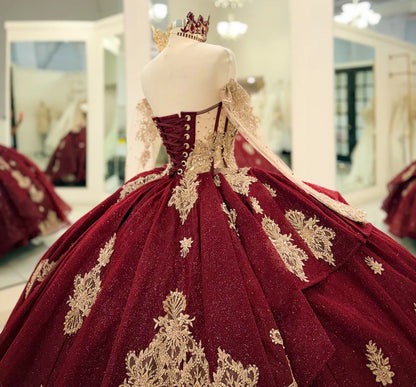 Elegant Burgundy Sweetheart Gold Ornate Embroidery Off-Shoulder Quinceanera Ball Gown TP5250