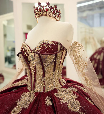 Elegant Burgundy Sweetheart Gold Ornate Embroidery Off-Shoulder Quinceanera Ball Gown TP5250