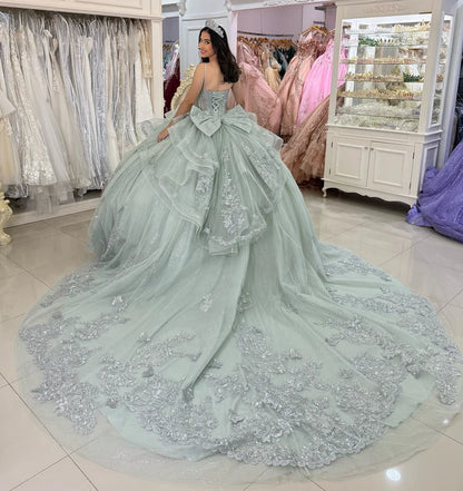 Elegant Sage Green Sweetheart Sequins Appliqued Detachable Strap Quinceanera Ball Gown TP5247