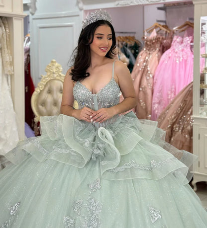 Elegant Sage Green Sweetheart Sequins Appliqued Detachable Strap Quinceanera Ball Gown TP5247