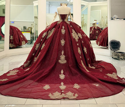 Elegant Burgundy Sweetheart Gold Ornate Embroidery Off-Shoulder Quinceanera Ball Gown TP5250