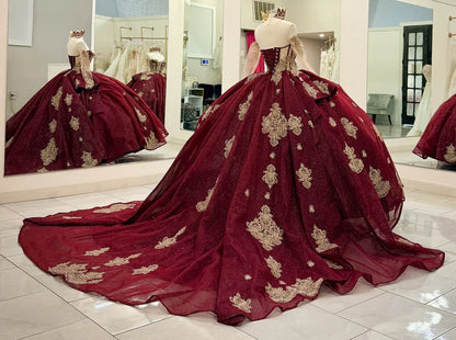 Elegant Burgundy Sweetheart Gold Ornate Embroidery Off-Shoulder Quinceanera Ball Gown TP5250