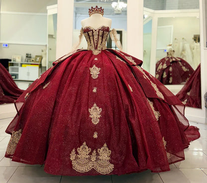 Elegant Burgundy Sweetheart Gold Ornate Embroidery Off-Shoulder Quinceanera Ball Gown TP5250