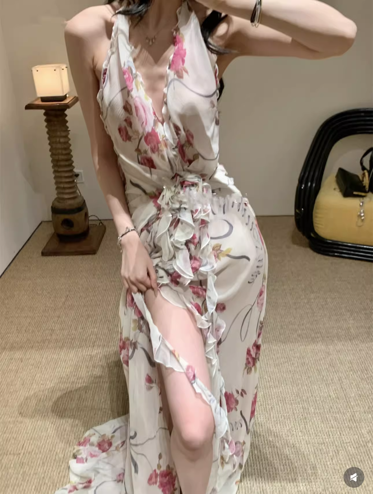 Ethereal Chiffon Halter Neck Evening Gown Floral Prom Dress TP5707