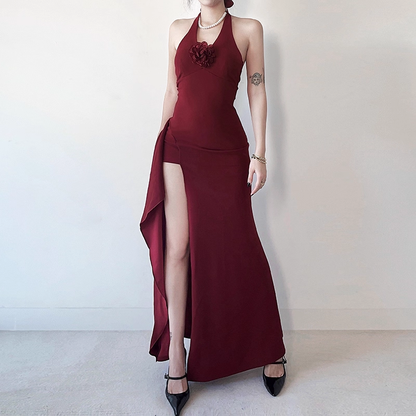 Retro Burgundy/Black Halter-neck 3D Flower Sheath High Slit Long Summer Dresses Prom Dress Evening Dress TP4360