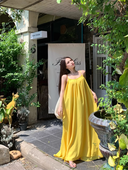 New Fashion Yellow Loose-fitting Design A-line Spaghetti Strap Dress TP3431