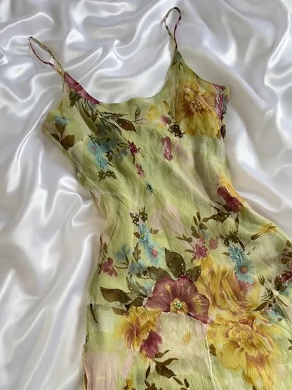 Vintage Floral Chiffon Spaghetti Strap Homecoming Dress Party Dress Cocktail Dress TP4682