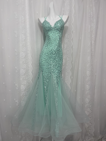 Glamorous Mint Green Sequined V-Neck Mermaid Tulle Spaghetti Strap Evening Gown Prom Dress TP5233