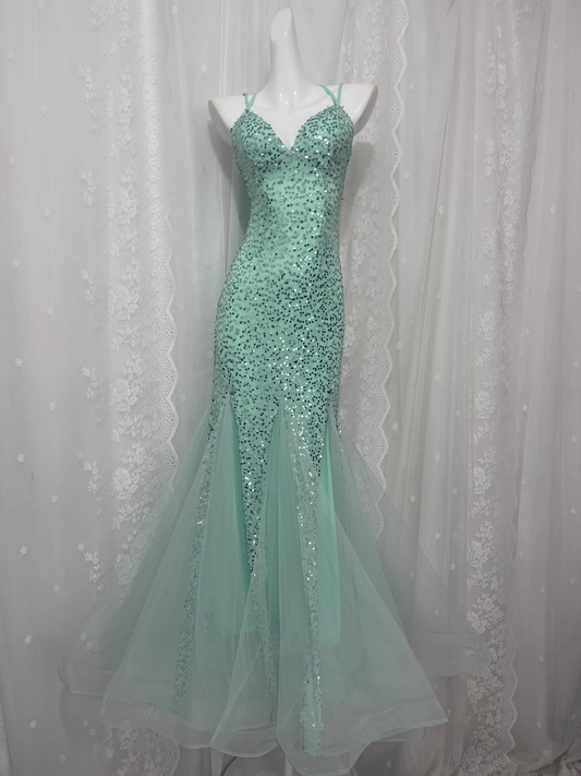 Glamorous Mint Green Sequined V-Neck Mermaid Tulle Spaghetti Strap Evening Gown Prom Dress TP5233