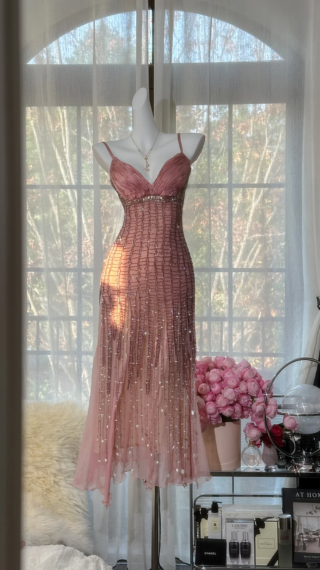 Vintage Blush Pink Spaghetti Strap V-Neck Mermaid Prom Dress Beaded Chiffon Evening Gown for Wedding Guest TP5742
