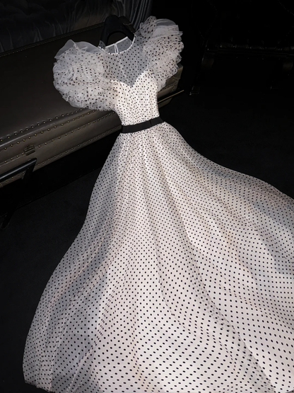 Vintage Black Polka Dot Tulle Ruffled Organza Sleeve Satin Belt Evening Gown TP5390