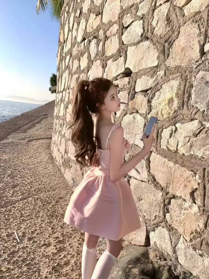 New Simple Pink Bow Design A-line Sleeveless Spaghetti Strap Dress TP3276