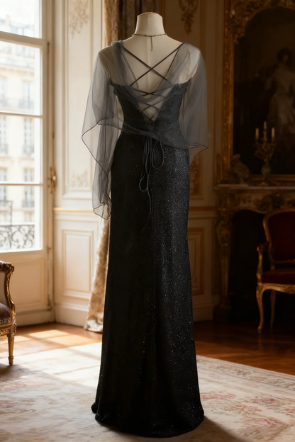 Elegant Black Glitter Corset Evening Gown Strapless Sweetheart High Slit Prom Dress TP5633
