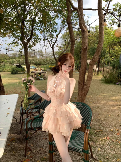 Vintage Pink A-Line Halter-neck Tiered Homecoming Dress Party Dress Cocktail Dress TP4721